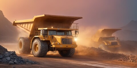 Large yellow dump truck driving in quarry with rocky background