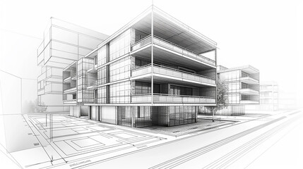  abstract modern urban landscape line drawing, imaginative architecture building construction perspective design