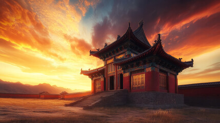 Traditional Mongolian temple during sunset, the sky painted with warm colors, the temple's details...