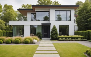 Obraz premium Peaceful modern two-story house with well-manicured garden, ston