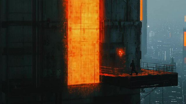 3D animation of a man standing on a platform near a futuristic building with a bright window