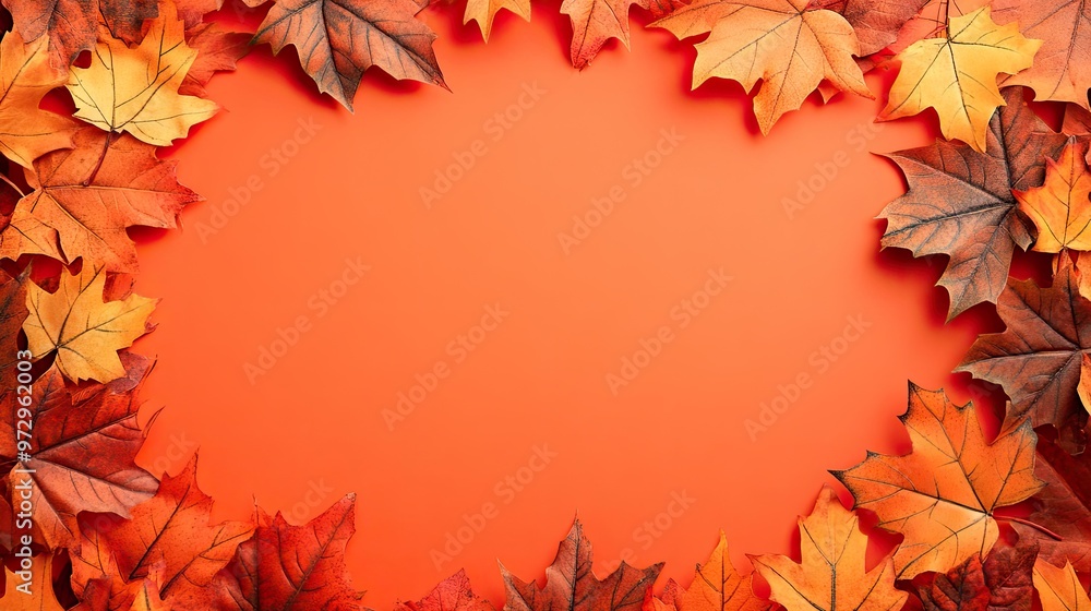 Poster bright fall leaves forming a natural border around a solid color background, creating an autumnal sc