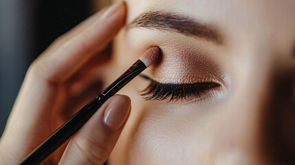 Close-up of a makeup artist's hands applying eyeshadow to a client's eyelids. 
