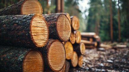 logging industry pile of wooden trunks, featuring pine logs, cut and stacked for timber, lumber, and construction uses