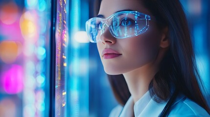 Young Woman Analyzing Futuristic Data Visualization Through Augmented Reality Glasses in Cityscape.