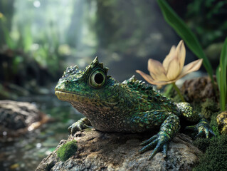 Obraz premium A vibrant green frog rests on mossy rock near serene stream, surrounded by lush vegetation and delicate flower. tranquil setting evokes sense of peace and connection with nature