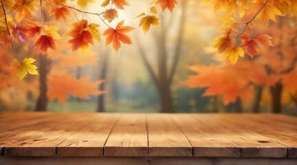 Autumn Vibes: Close-up of Wooden Table with Colorful Tree Backgr
