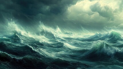 Fototapeta premium A panoramic view of a stormy sea with towering waves and strong winds, showcasing the raw force of a powerful ocean storm.