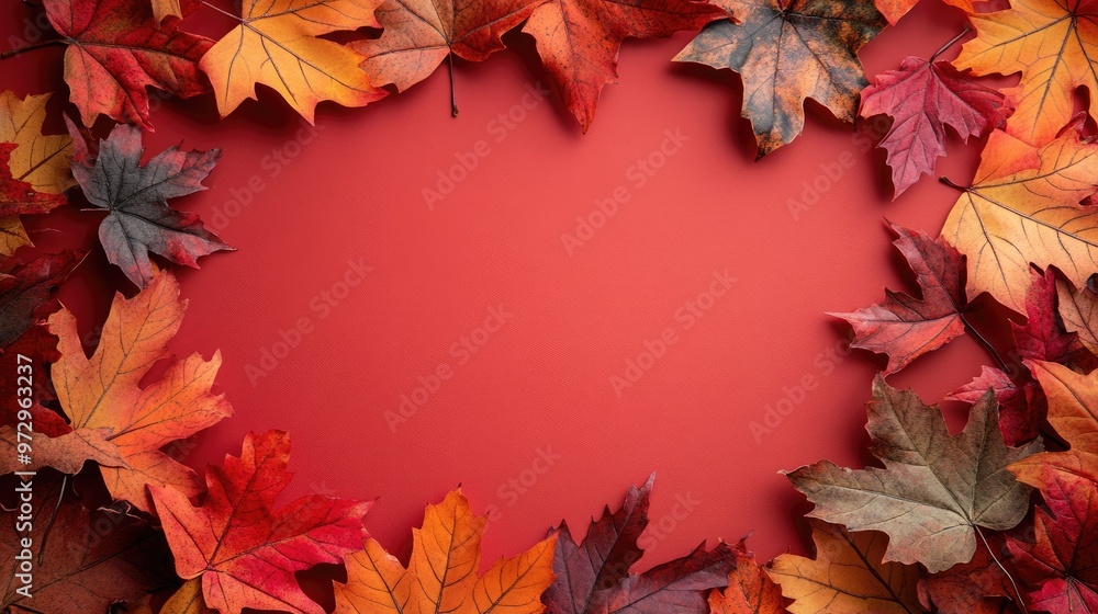 Poster bright fall leaves framing a solid color background, creating a festive autumn scene with ample room