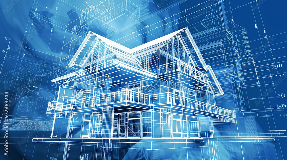 Canvas Prints futuristic digital house blueprint illustration showcasing advanced architectural design and technol