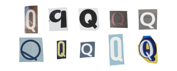 Set of isolated cut-out letter “Q” from magazines on a transparent background, retro y2k style