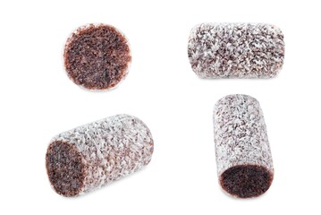 Coconut chocolate soft candy on a white isolated background