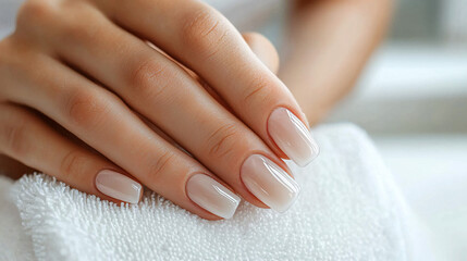 Naklejka premium Realistic image of a person receiving a manicure with neatly polished nails and a clean work environment. 
