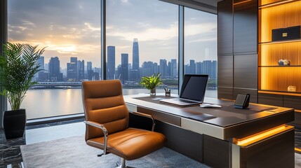 Naklejka na ściany i meble A modern office with a view of a city skyline at dusk.