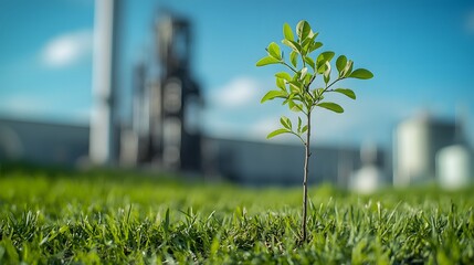 Obraz premium A small green tree with leaves growing in front of an industrial plant