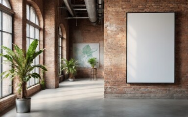 Fototapeta premium Modern Industrial Room with Large Windows, Exposed Pipes, Blank