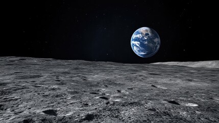 A view of Earth from the moon's surface, with the planet hanging in the black sky.