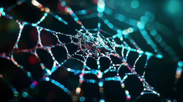 3D animation of a detailed spider web with shiny drops and lighting effects