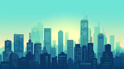 Fototapeta premium mysterious atmosphere at dawn A misty cityscape with tall skyscrapers shrouded in fog, creating a serene 