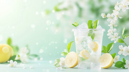 Green lemon and white jasmine green tea milk tea, transparent plastic cup with three pieces of green lemon and some transparent ice cubes, surrounded by jasmine flower embellishments, realistic photo,