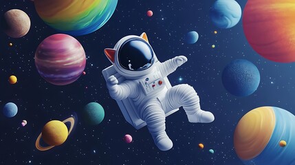 An Astronaut with Cat Ears Floating in Space Among Planets