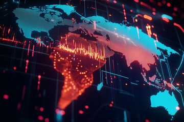 Obraz premium Global economy visualization, interconnected continents with glowing trade routes, financial markets, and stock exchanges, high-tech design