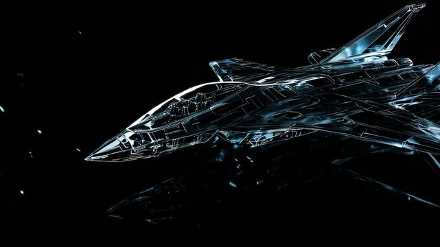Futuristic 3d fighter jet made of transparent glass-like material, illuminated by subtle blue lights in a dark setting