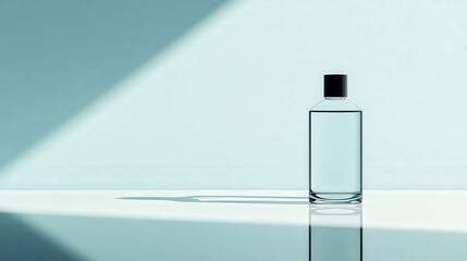 Micellar water with minimalistic packaging, placed on a sleek, reflective surface