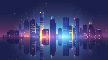 Naklejka premium A stunning view of a modern city skyline at dusk, with skyscrapers reflecting perfectly