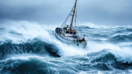 A photo of a storm-tossed boat struggling against heavy waves and strong winds at sea, illustrating the challenges and dangers of maritime storms.