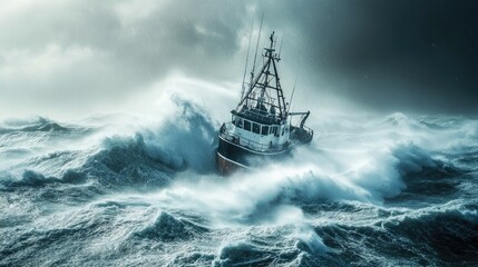 Obraz premium A photo of a storm-tossed boat struggling against heavy waves and strong winds at sea, illustrating the challenges and dangers of maritime storms.