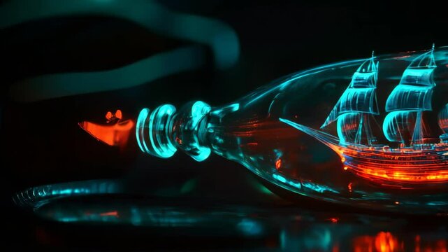 3d glowing ship inside a glass bottle with vivid red and blue lights, creating a vibrant and magical digital seascape