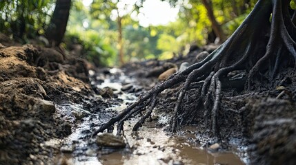 Tree Roots Over a Small Creek in a Lush Forest