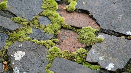 Green Moss Growing on Cracked Stone Pathway