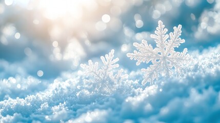 close-up of pure white snowflakes sparkling in sunlight, creating a magical winter effect on a light blue background