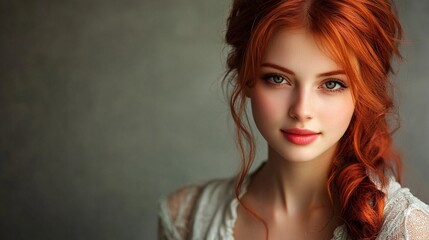Fototapeta premium fashionable young woman with red hair, capturing elegance and beauty in a chic and stylish portrait with glowing skin