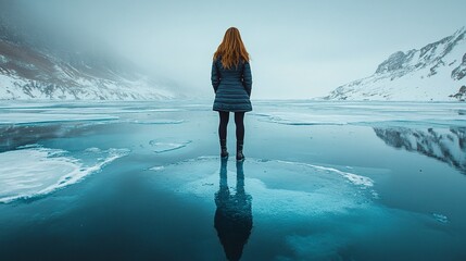 girl on a blue ice lake in winter, back view capturing the crystal clear ice, natural beauty, and the tranquil landscape around her