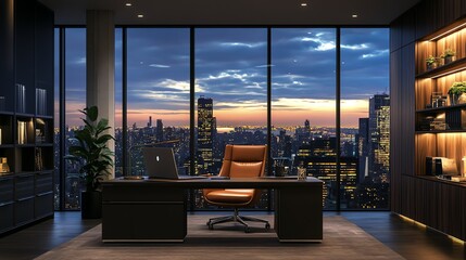 Plakat A modern office with a view of a city skyline at dusk.