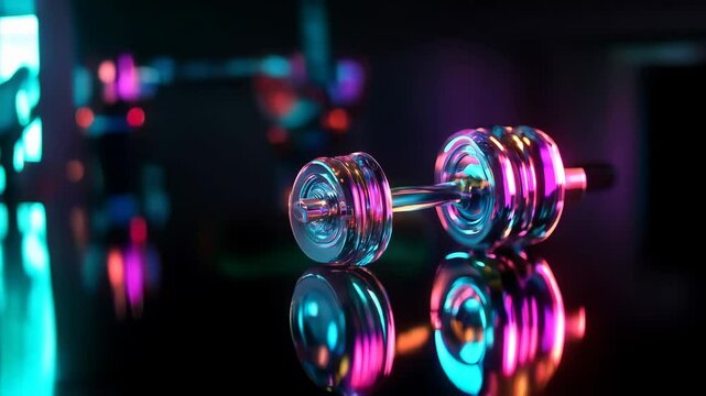 Shiny 3d neon dumbbell glowing with vibrant lights, reflecting futuristic technology and fitness concepts in a modern, abstract style