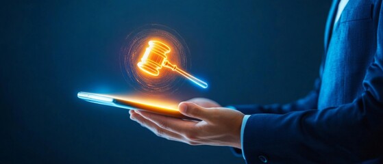 gavel judge icon emerging from a digital tablet , Digital Legal Solutions and judicial systems and Online Justice and E-Courts optimizing case management,  Arbitration and Conflict Resolution.    