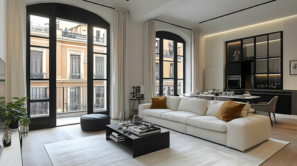 Modern living room with large windows, stylish furniture, and a view of the city.