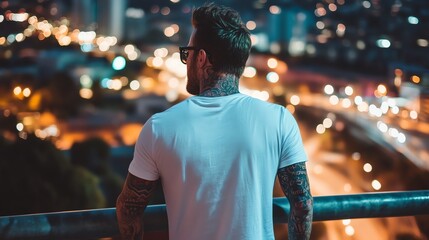 Obraz premium A tattooed man wearing a white t-shirt and sunglasses looks out over a city at night.