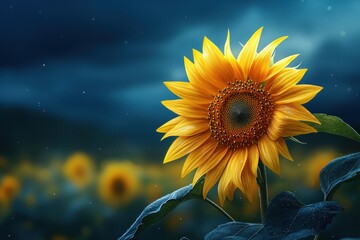 Vibrant sunflower in the foreground under a dramatic sky.