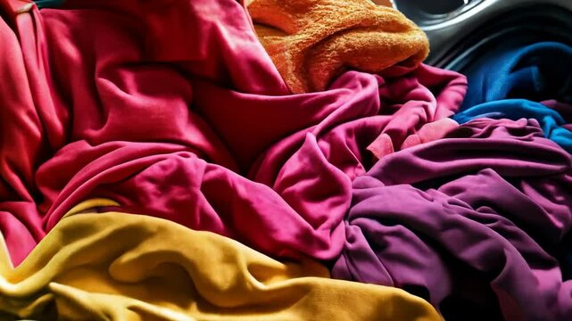 Brightly colored clothes in a washing machine drum, illuminated by soft light, creating a vibrant and dynamic 3d laundry scene