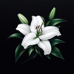 Obraz premium Beautiful white lily flower with green foliage on a dark background.