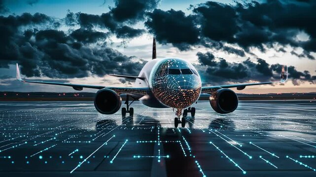 Futuristic airplane on a digital runway with a glowing grid pattern, set against a dramatic sky at dusk, blending technology and aviation