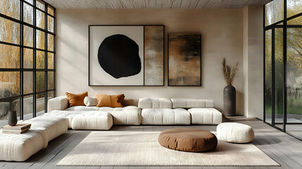 Modern living room with minimalist decor and natural light.