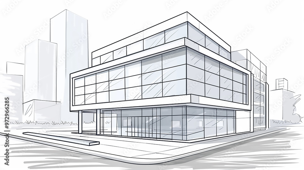Poster modern architecture building construction perspective design, building sketch line