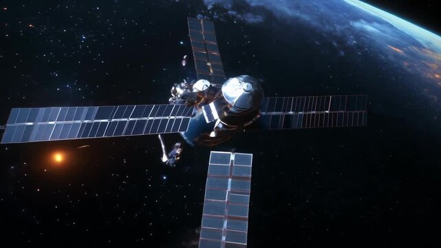 3D animation of a satellite in outer space with solar panels against the background of the Earth