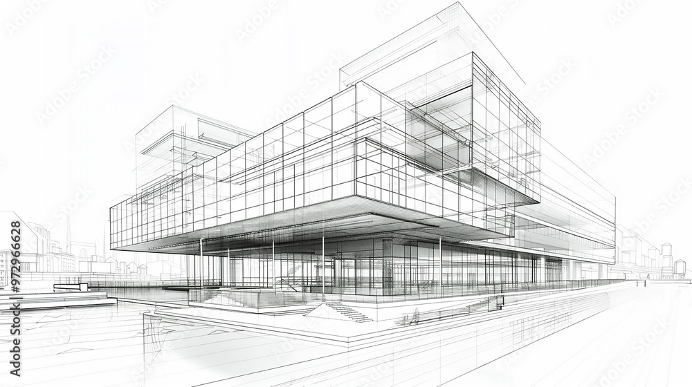 Poster modern architecture building construction perspective design, building sketch line